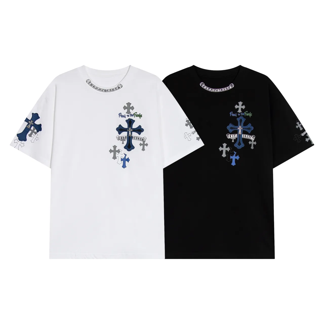 P170 Chrome Hearts Chrome Hearts Cross Metallic Denim Splicing Short Sleeves Size: SMLXL Color: White Black